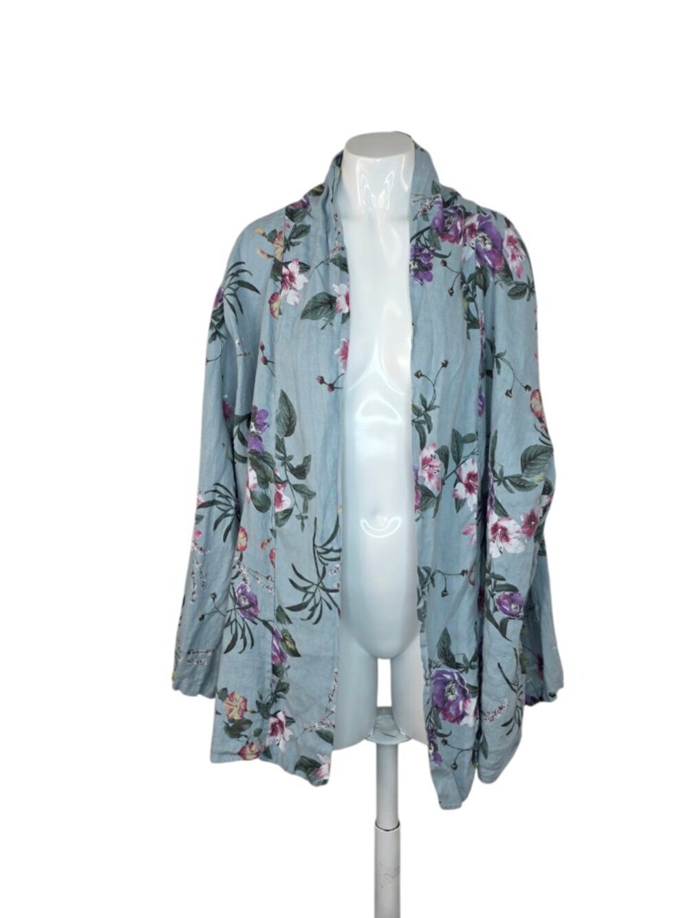 Bellambia 100% Linen Floral Open Front Roll Sleeve Cardigan, Blue, Size 3X